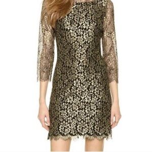 Diane Von Furstenberg Black and Gold Cocktail Lace Dress